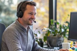 Containerdienst-Experte von ARM Entsorgung Frankfurt in berät Kunden über unseren Telefonsupport