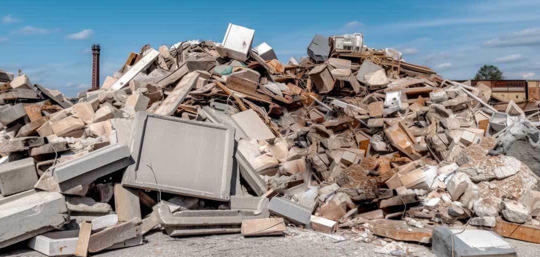Bild zeigt einen Haufen Bauschutt, hauptsächlich bestehend aus Beton und Ziegeln. Diese Materialien sind typische Abfallprodukte auf Baustellen und stehen bereit für das Recycling