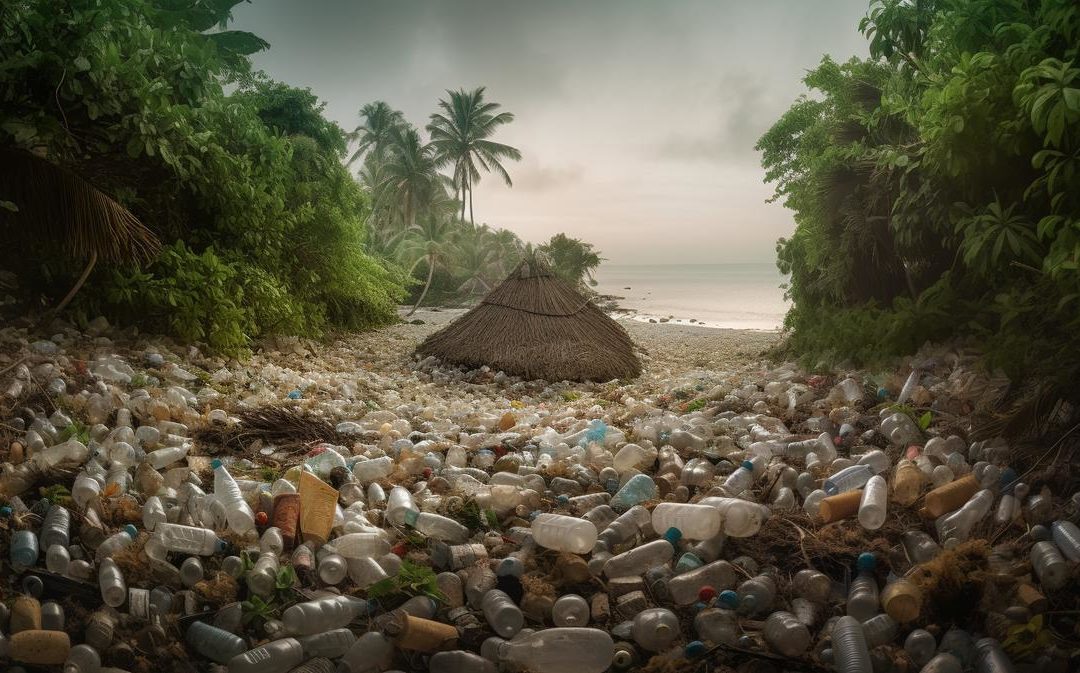 Strand übersät mit Plastikabfällen und sterbenden Palmen, Strohhütte versinkend im Meer vor dem Hintergrund des Klimawandels, Bedeutung des Recyclings und Containerdienstes